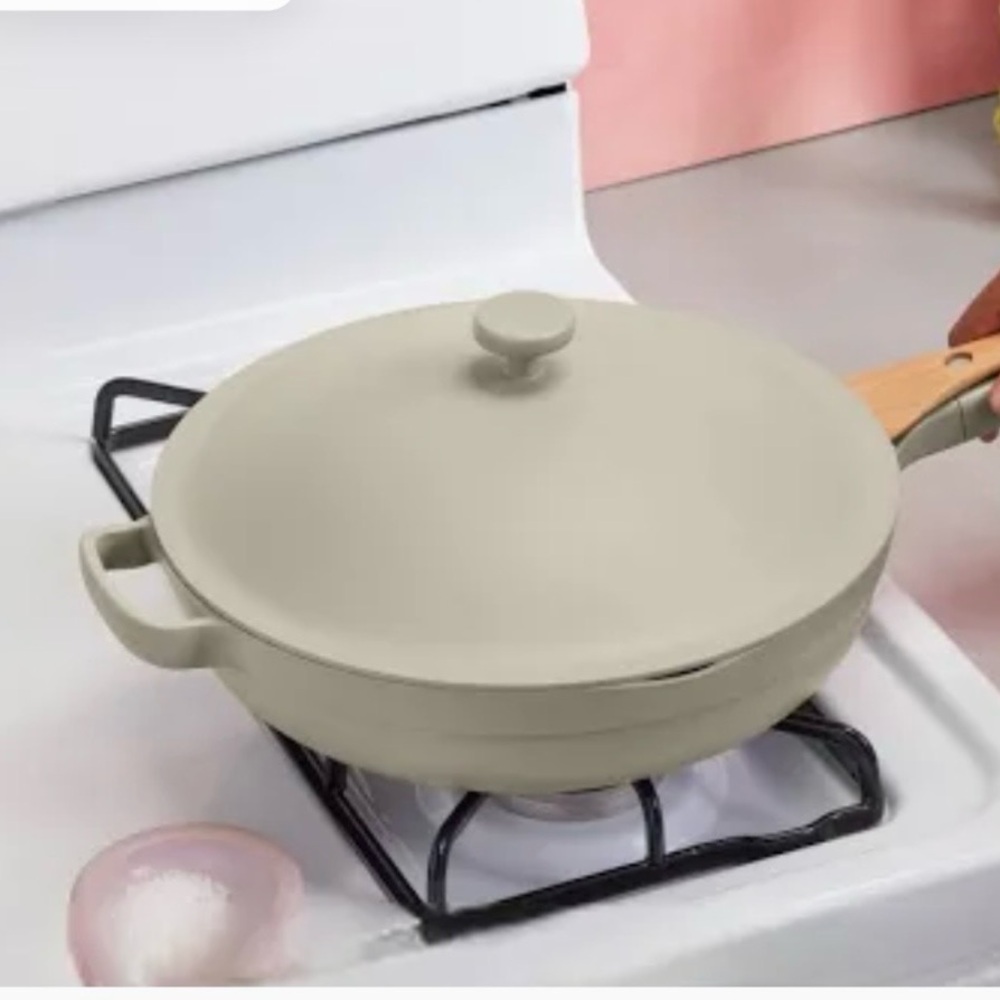 NWOB Our Place Forever Non Stick Pan Strainer Wooden Spoon Beige Pot 10.5 in - Picture 3 of 16